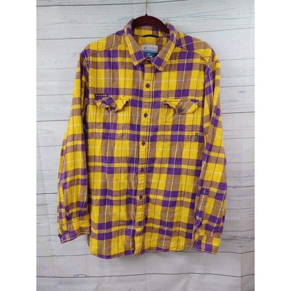Columbia LSU Tigers Flannel Shirt Size Men’s Large Yellow Purple Plaid - Picture 1 of 7